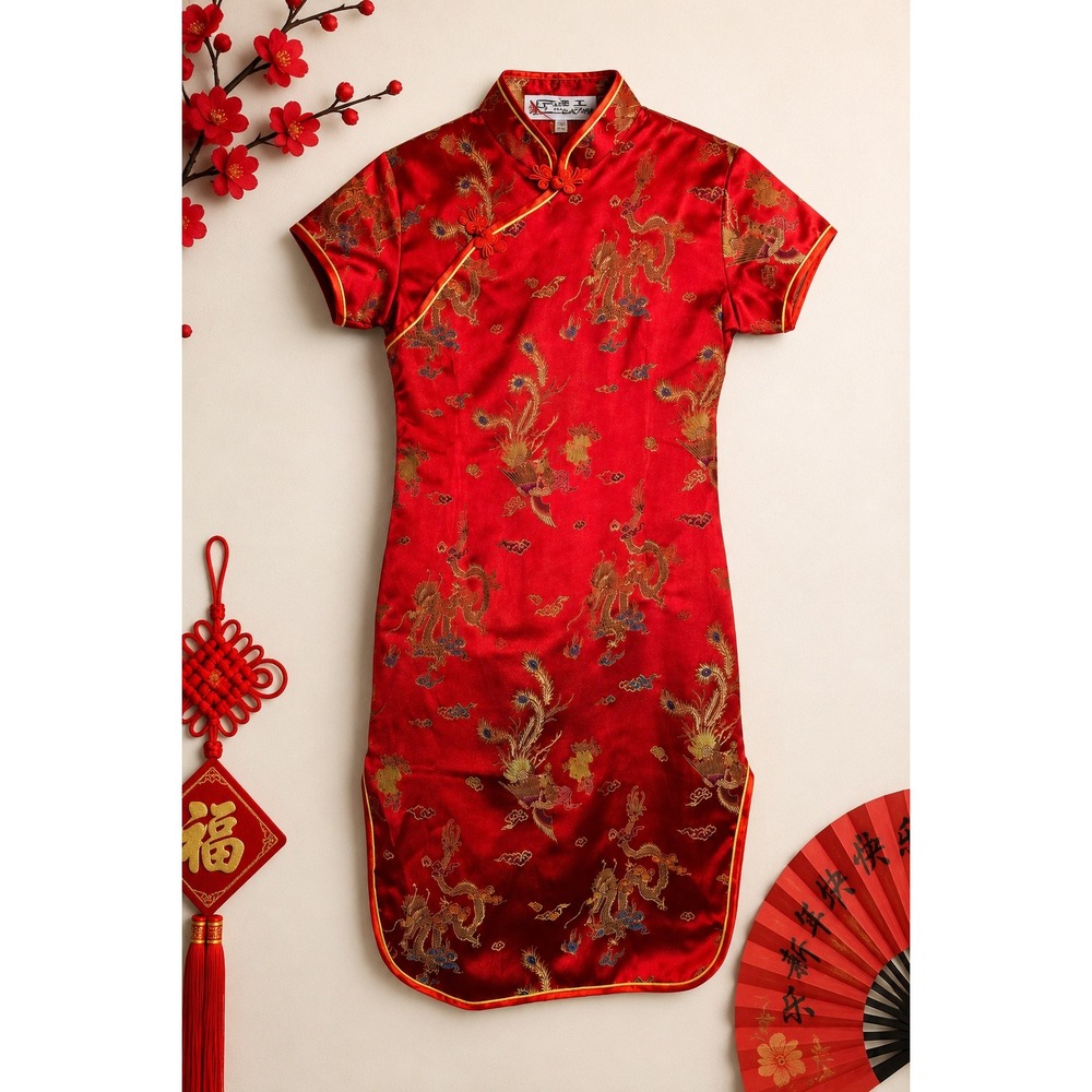 Girls‎ Red Satin Qipao Dress Dragon Phoenix Cheongsam Chinese New Year Size 12